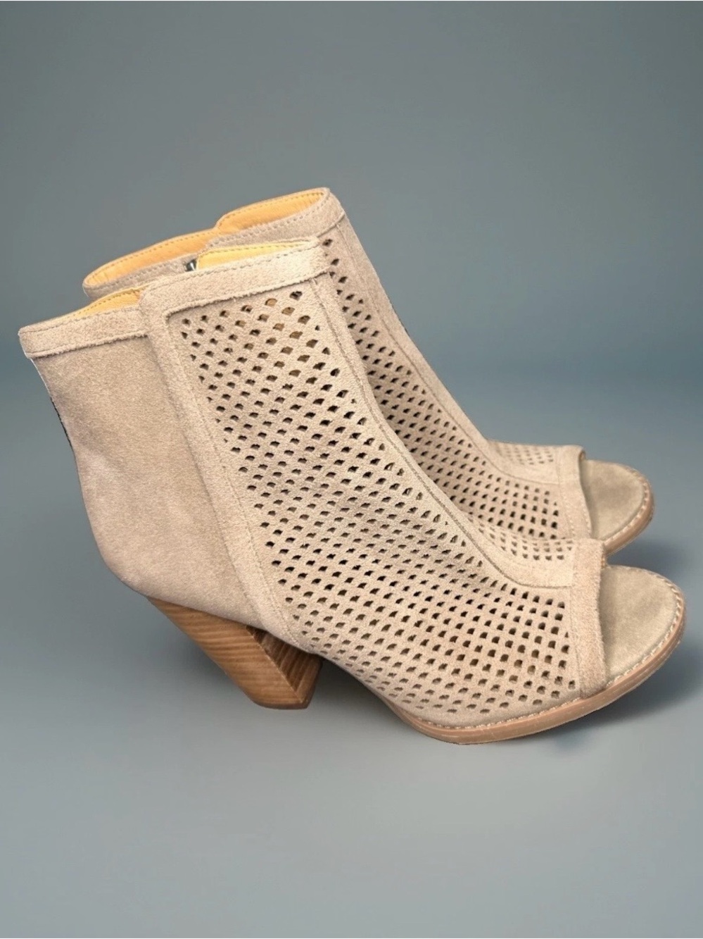 Lucky Brand Taupe Suede Perforated Open-Toe Ankle Booties